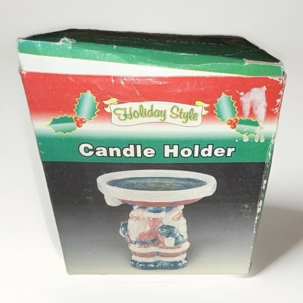 Holiday Style Ceramic Santa Claus Candle Holder Iridescent Green Basin with Box